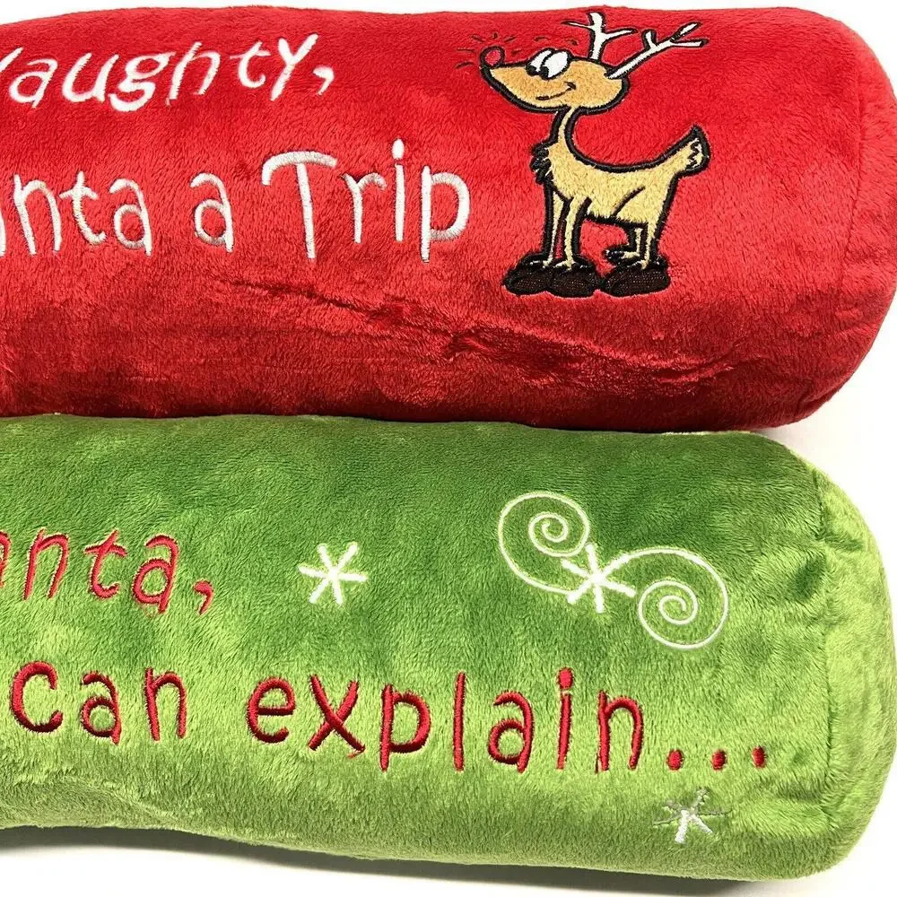 Lot Of 2 Christmas Decor Pillows Cylinder Shaped 17”x6” Y2K Naughty Dear Santa